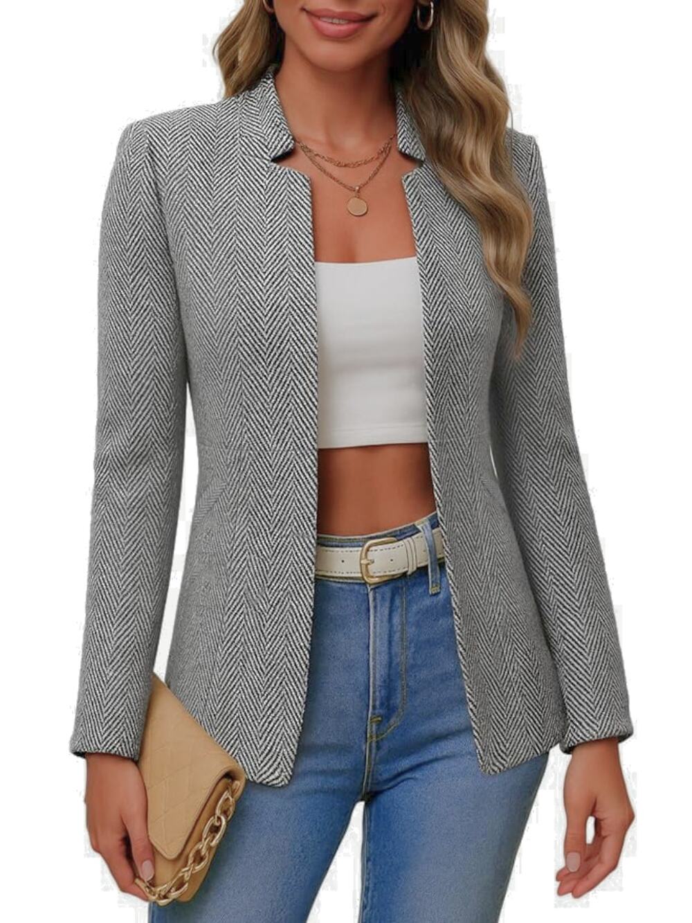 Mina Self NWT Open Front Tweed Blazer Jacket Grey Herringbone L Notch Collarless